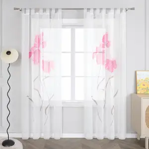 Штора с петлями, вуаль, современные шторы, оконные панели с цветами, нанесенными вручную, прозрачная, для спальни, гостиной, розовая, В x Ш 145 x 150 см, 1 шт. Joyswahl