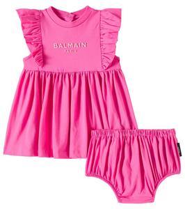 Детский хлопковый трикотажный комплект с платьем и панталонами Balmain Kids, Fuxia/Rosa