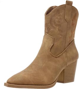 Вестерн ковбойские ботильоны для женщин, средние голени, короткие сапожки с вышивкой, округлый носок, массивный низкий каблук FOBOINED, Khaki-11