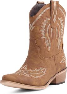 Женские ковбойские сапоги LingxiaUne, ковбойские сапоги средней высоты идеально подходят для танцев, музыкальных фестивалей и свадеб, White-Brown