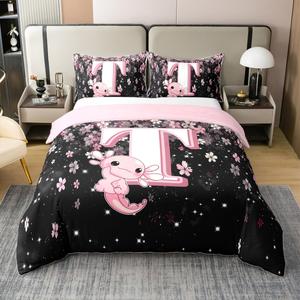 Erosebridal Хлопковый комплект постельного белья с милым аксолотлом и японской сакурой в морском стиле, Pink T