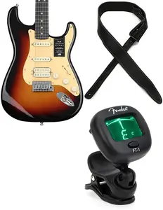 Электрогитара Fender American Ultra II Stratocaster HSS - цвет Ultraburst, накладка из эбенового дерева, комплект с кожаным ремнем Fender Artisan Crafted шириной 2 дюйма - черный... (3 предмета)