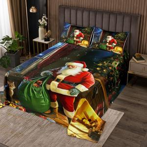 Erosebridal Детский комплект постельного белья с новогодним принтом Санта Клаус и котиками, Strawberry Red Green