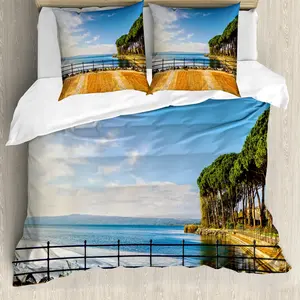 Пододеяльник ABAKUHAUS итальянский, озеро Больсена, Италия, антиклещевой, подходит для аллергиков, с наволочками, 200 см x 200 см - 80 x 80 см, синий и светло-коричневый Abakuhaus