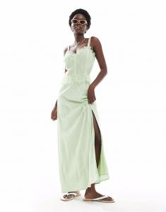 Платье-корсет макси от Miss Selfridge из марли с отделкой лентами зеленого цвета