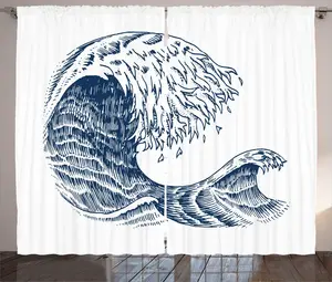 Штора ABAKUHAUS Рустикальное море, набросок Хокусая Волна, универсальные ленточные шторы для гостиной с петлями и крючками, 280 x 225 см, цвет Темно-синий Abakuhaus