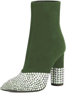 Женские элегантные ботильоны с острым носком, украшенные стразами, на массивном высоком каблуке с боковой молнией, для вечеринок и мероприятий, размер 4-16 US Wansseny, Green