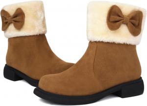 Женские зимние сапоги с низким каблуком на блоке, с удобным утепленным мехом, классические, милый дизайн с бантом, нескользящие, короткие ботильоны Generic, Brown