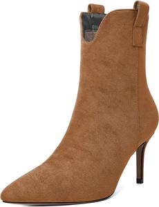 Женские ботильоны SAMMITOP с каблуком-стойкой, туфли на шпильке, ботильоны с заостренным носком, молния, сексуальные туфли для платья, каблук 6,35 см, Brown