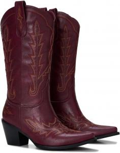 Ковбойские сапоги для женщин - западные сапоги средней длины до икра - заостренный носок - 3-дюймовый массивный деревянный каблук с вышивкой Orlynx, Burgundy
