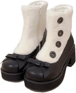 BB BEROBELLO FASHION IS AN ATTITUDE Сладкие ботильоны в стиле Лолита Викторианский стиль, белый верх из искусственного меха с декоративными пуговицами, черные и коричневые массивные каблуки с бантом, зимние модные ботинки