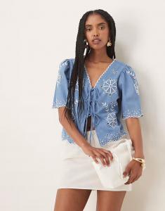 Джинсовый топ Nobody's Child с вышивкой и завязками в винтажном стиле