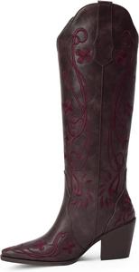 Женские ковбойские сапоги iiimmu, высокие до колена, винтажные с цветочной вышивкой, классическая модель с легким надеванием, западная обувь, Dark Purple-Pu