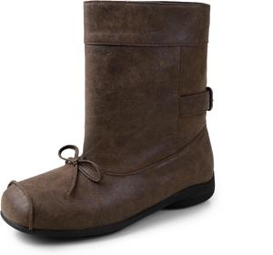 Балетки-ботильоны для женщин с бантом, с широким голенищем, закрытым квадратным носком, низким каблуком и пряжкой, модные, удобные ботильоны SYHXYHEG, Brown