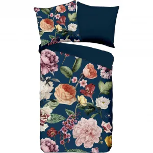 Двустороннее постельное белье Descanso "Fiori", хлопок, сатин, 135х200, окантовка, молния, двусторонняя, цветы песочные, цвет blau