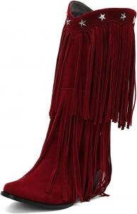 Женские ковбойские вестерн-сапоги с бахромой, заостренным носком, украшенные звездами, с массивным каблуком средней высоты, ботильоны в стиле рыцарских сапог Generic, Wine
