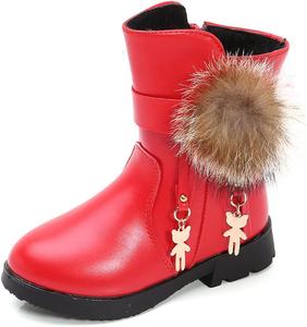 Водонепроницаемые ботинки на щиколотку для девочек QINGCOMFACAI с боковой молнией и меховой подкладкой, зимние снежные ботинки (для малышей/младших детей/старших детей), Red