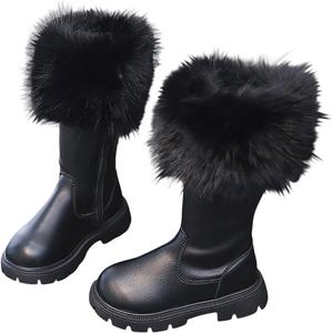 Детские сапожки для девочек с меховой подкладкой, кожаные, водонепроницаемые, утепленные зимние ботинки, резиновая подошва, противоскользящие, для улицы Generic, Black