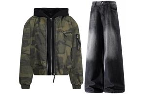 Толстовка Casual Sportswear утепленная с капюшоном унисекс X1617, camouflage puffer jacket+синий jeans