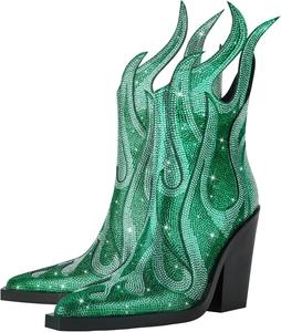 Женские блестящие ковбойские ботинки YIYA с узором в виде пламени, острым носком, массивным высоким каблуком, модной боковой молнией и сверкающими стразами, Green