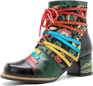 Женские винтажные кожаные ботильоны с цветочным принтом, разноцветные ремешки, каблук-блок, шнуровка, стиль милитари, молния LITNERMIA, Yly23080609 Green
