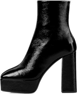 Женские ботильоны XYD с квадратным носком на платформе, с массивным высоким каблуком и боковой молнией, модные, для вечеринок и клубов, Black Crinkle Leather