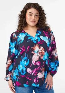 Блузка с принтом и длинным рукавом Zizzi, Black Flower Aop