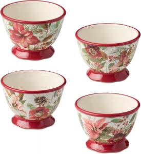 Winter Blooms набор из 4 праздничных мисок для мороженого - 680 г керамические миски с дизайном пуансеттии и вечнозеленых растений  Certified International