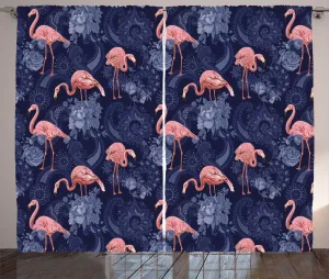 Штора ABAKUHAUS в деревенском стиле Якобина, экзотический цветочный фламинго, универсальная ленточная штора для гостиной с петлями и крючками, 280 x 225 см, цвет индигово-розовый Abakuhaus