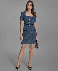 Женский жакет из хлопкового твида с поясом и короткими рукавами и мини-юбка-карандаш из хлопкового твида BCBG, синий
