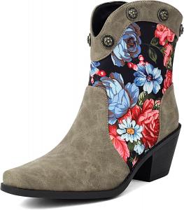 JTWSR Женские короткие ботинки вестерн, обувь для ковбойшек, ботильоны с каблуком средней высоты, с цветочным принтом, черные, серые, розовые, желтые, размеры 5-12