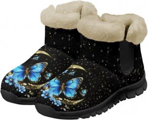 Женские плюшевые ботильоны UNICEU на низком ходу, зимние теплые пушистые ботинки, удобные повседневные обувь для прогулок зимой, Blue Butterfly Floral