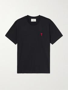 Футболка из органического хлопкового трикотажа с вышитым логотипом AMI PARIS, черный