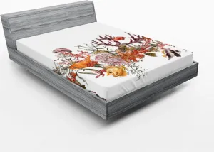 Простыня на резинке ABAKUHAUS Морские существа, Рыбы, морские растения, морские звезды, кораллы, медузы, морская жизнь, иллюстрация Летнее время, 135 x 190 см, горчичный Abakuhaus