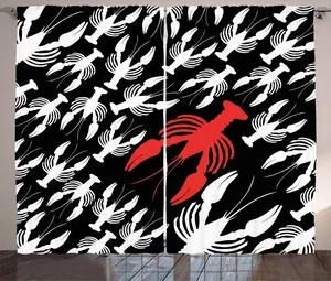 Штора ABAKUHAUS "Омар в деревенском стиле", силуэт "Океанская фауна", универсальная ленточная штора для гостиной с петлями и крючками, 280 x 225 см, ярко-красный, белый и черный Abakuhaus