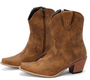 Женские короткие ковбойские ботильоны Alyaafifa с вышивкой, с низким каблуком на массивном блоке, закрытым заостренным носком, на подкладке, кожаные стильные винтажные удобные ботинки, D - Brown