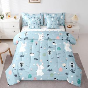 Erosebridal Комплект постельного белья с кроликами и цветами, Kawaii Easter Animal, 7 предметов, Blue White