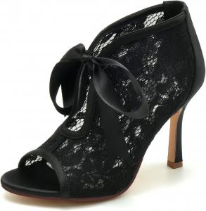 Свадебные туфли для невесты, женские сандалии, кружевные ботильоны с каблуком, туфли на шпильке с лентой, открытый носок, высокие каблуки Gycdwjh, Black