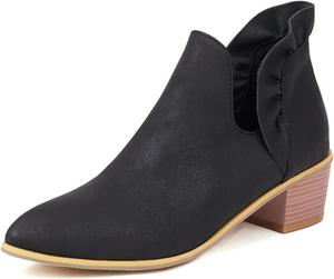 Женские ботильоны с вырезом V, на устойчивом массивном каблуке, с модной рюшей, классический заостренный носок, вырез, без застежки, низкий массивный каблук, для платья, вестерн-стиль XHOGNLS, Black