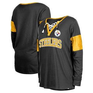 Женская черная футболка Pittsburgh Steelers с длинным рукавом и V-образным вырезом New Era