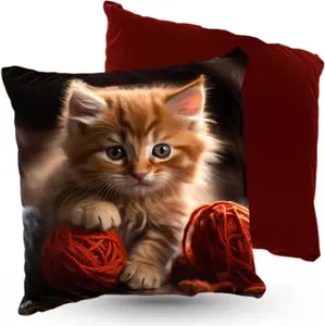 Подушка велюровая ПРЕМИУМ с милым котенком и пряжей, 40 х 40 см, декоративная с наполнителем, для гостиной, спальни или в подарок. 5made