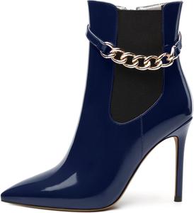 Женские ботильоны, короткие ботинки с высоким каблуком и заостренным носком, боковая молния, модный ремешок с цепочкой RLYGHWAO, Navy Blue Patent