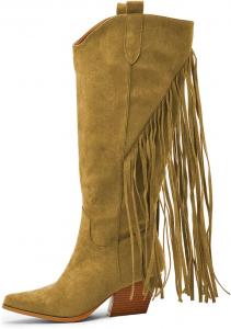 Женские сапоги FSJ до середины голени с бахромой, ковбойский стиль с заостренным носком, кисточками, классические западные высокие сапоги на танкетке с массивным каблуком, без застежки, размеры 4-15 US, Goldenord