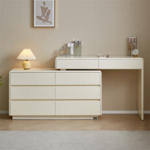 Quanu Комод для спальни из массива дерева, 6 ящиков, с выдвижным туалетным столиком и приставным столиком, цвет off-white