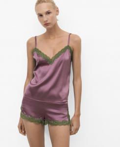 Женский шелковый топ с контрастным кружевом MANGO, Plum