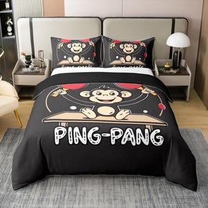 Erosebridal Хлопковый комплект постельного белья Cute Ping-Pong с милыми обезьянками в черно-белой спортивной тематике, Black Red