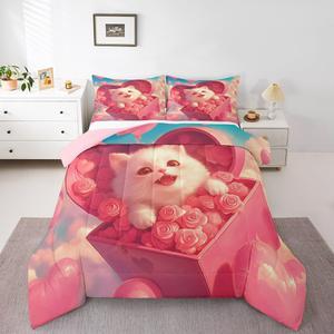 Erosebridal Комплект постельного белья Cute Cat с романтичным принтом котят и сердец в розовых тонах, Pink White