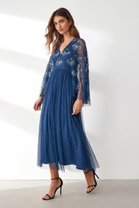 Платье мидакси из тюля с широкими рукавами и отделкой Maya, синий