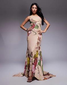 Платье макси ASOS DESIGN из сетчатой ​​ткани на одно плечо с открытыми швами и широким подолом с размытым сиреневым цветочным принтом