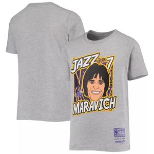 Молодежная футболка Mitchell & Ness Pete Maravich Heathered Grey New Orleans Jazz Hardwood Classics King of the Court Player Футболка Unbranded